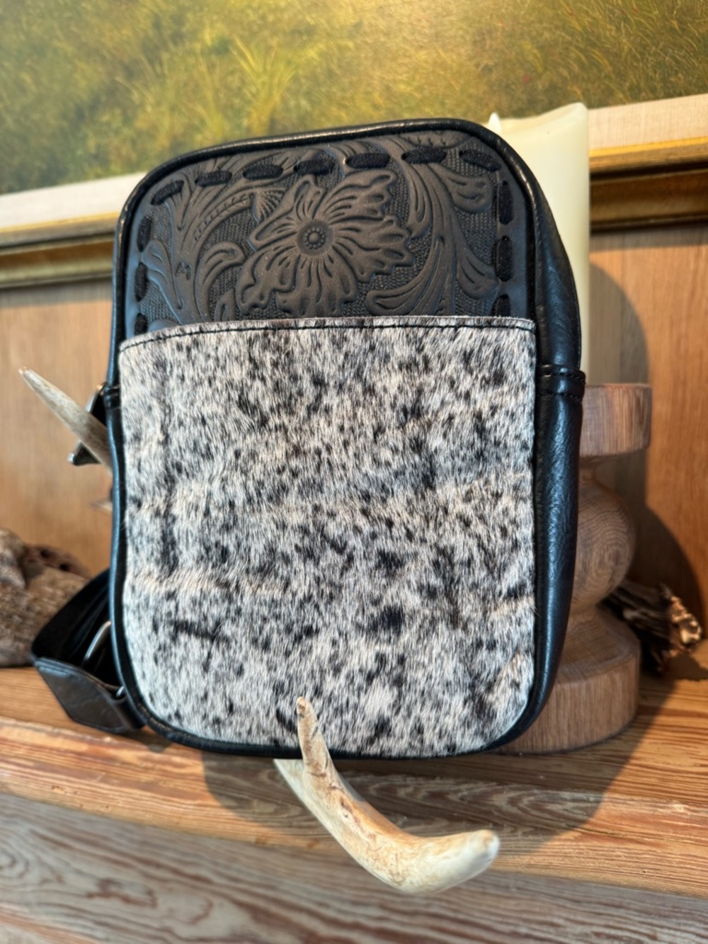 Black Leather Crossbody Bag with Speckled Haircalf Front